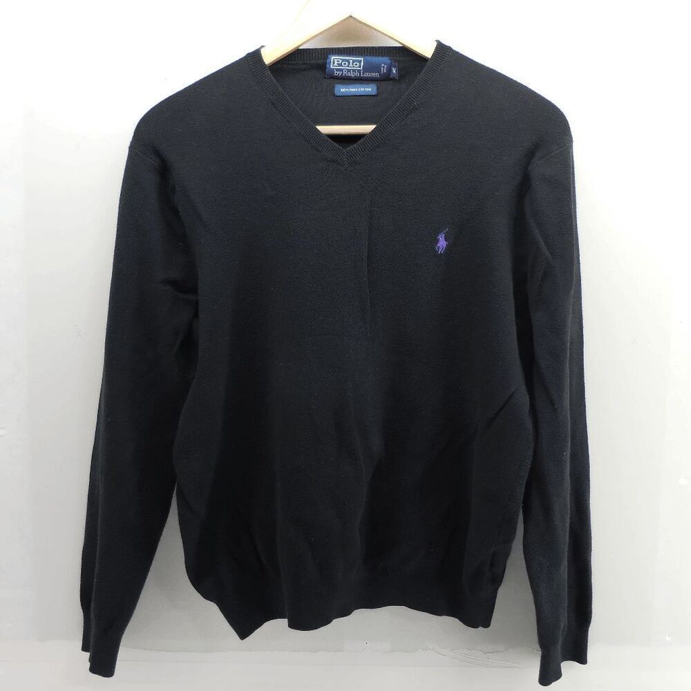 Polo Ralph Lauren Black V Neck Sweater‎ Mens M 100% Pima Cotton Logo Lightweight